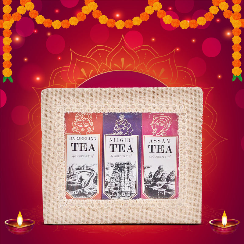 3-in-1 Delightful Teas (Darjeeling, Assam & Nilgiri) in Handcrafted Jute Box