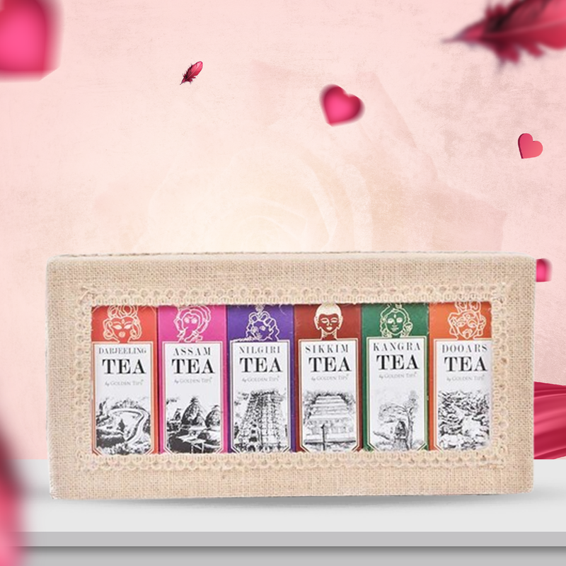 6-in-1 Delightful Teas (Darjeeling, Assam, Nilgiri, Sikkim, Kangra & Dooars) in Handcrafted Jute Box