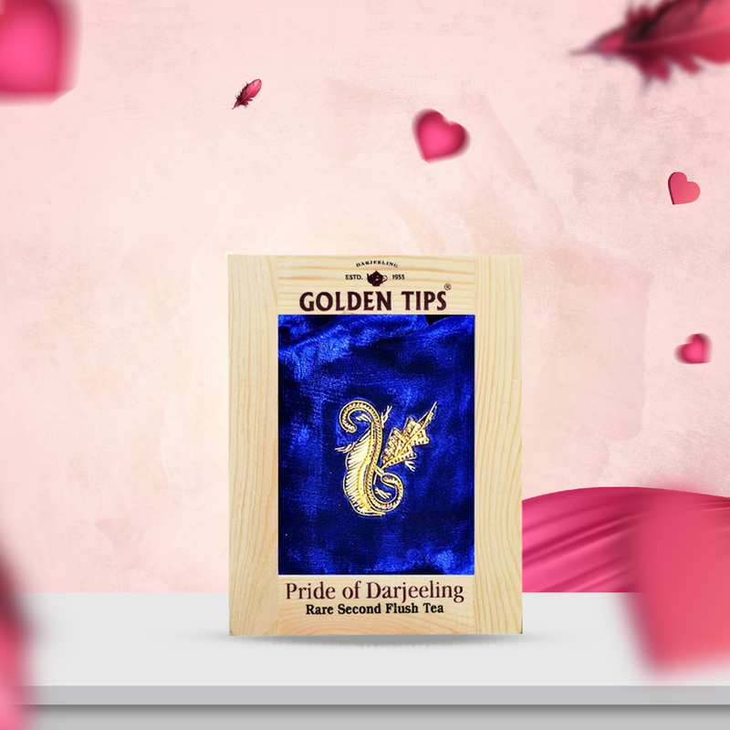 Pride Of Darjeling Rare Second Flush Tea in Pinewood Box with Zardosi Work on Velvet Pouch