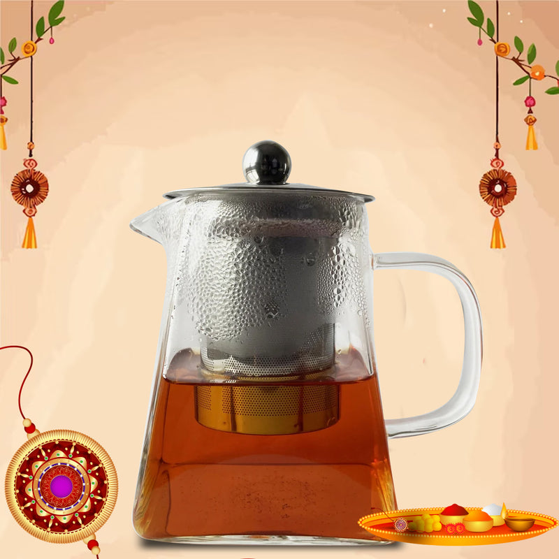 PyramidShaped Borosilicate Glass Teapot with Steel Infuser Golden Tips