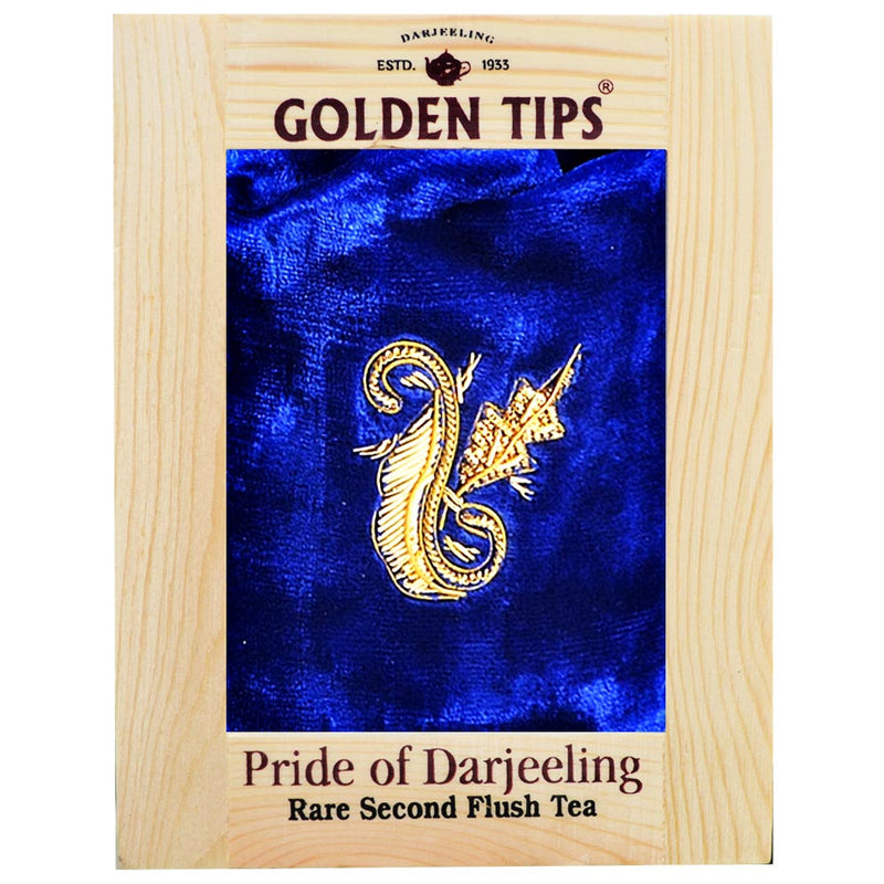 Rare Second Flush Darjeeling Tea in Pinewood Box with Zardosi Work on Velvet Pouch - Golden Tips