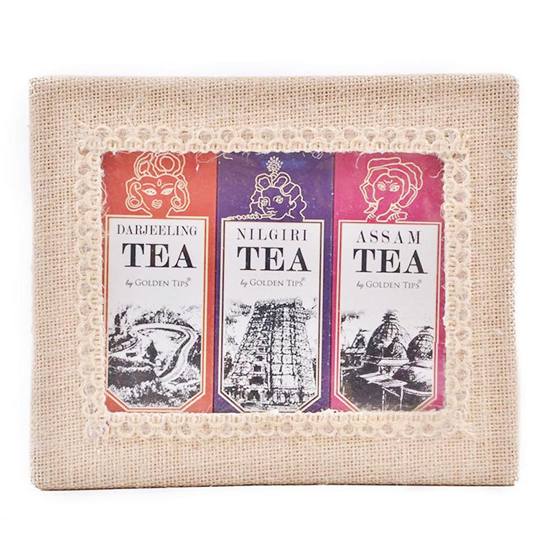 3-in-1 Delightful Teas (Darjeeling, Assam & Nilgiri) in Handcrafted Jute Box - Golden Tips