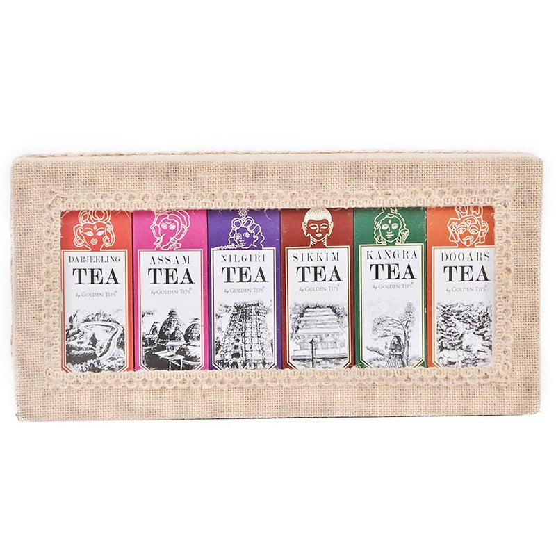 6-in-1 Delightful Teas (Darjeeling, Assam, Nilgiri, Sikkim, Kangra & Dooars) in Handcrafted Jute Box - Golden Tips