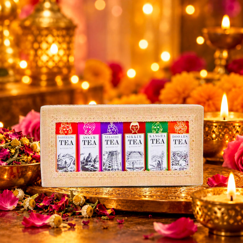 6-in-1 Delightful Teas (Darjeeling, Assam, Nilgiri, Sikkim, Kangra & Dooars) in Handcrafted Jute Box