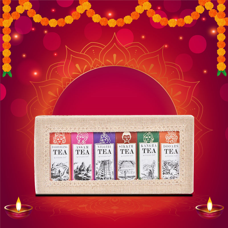 6-in-1 Delightful Teas (Darjeeling, Assam, Nilgiri, Sikkim, Kangra & Dooars) in Handcrafted Jute Box