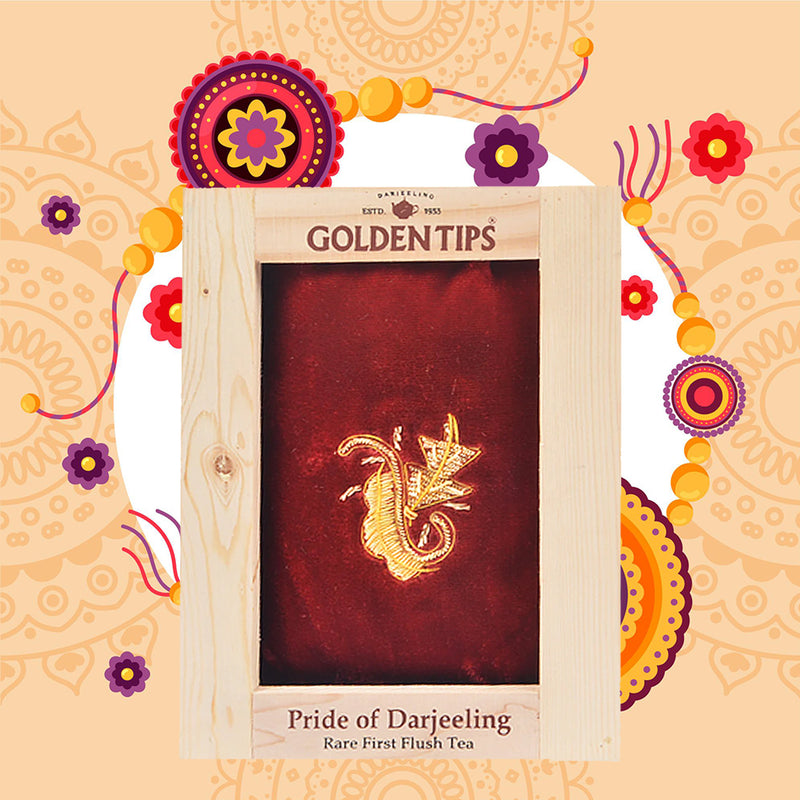 Pride Of Darjeeling - Rare First Flush Tea in Pinewood Box with Zardosi Work on Velvet Pouch
