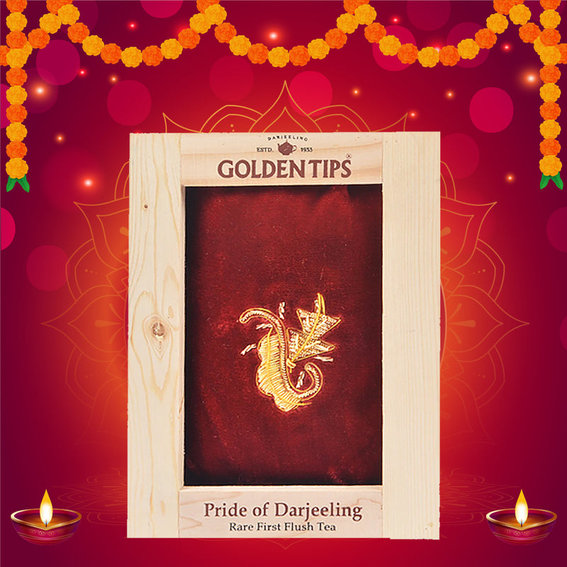 Pride Of Darjeeling - Rare First Flush Tea in Pinewood Box with Zardosi Work on Velvet Pouch