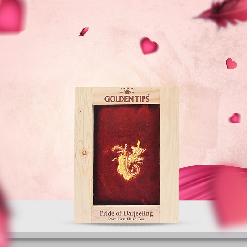 Pride Of Darjeeling - Rare First Flush Tea in Pinewood Box with Zardosi Work on Velvet Pouch