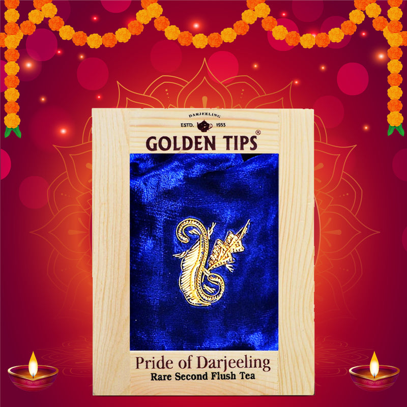 Pride Of Darjeling Rare Second Flush Tea in Pinewood Box with Zardosi Work on Velvet Pouch