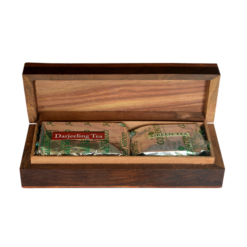 Premium Black & Green Darjeeling Teas in a Carved Wooden Box With Brass Work - Golden Tips