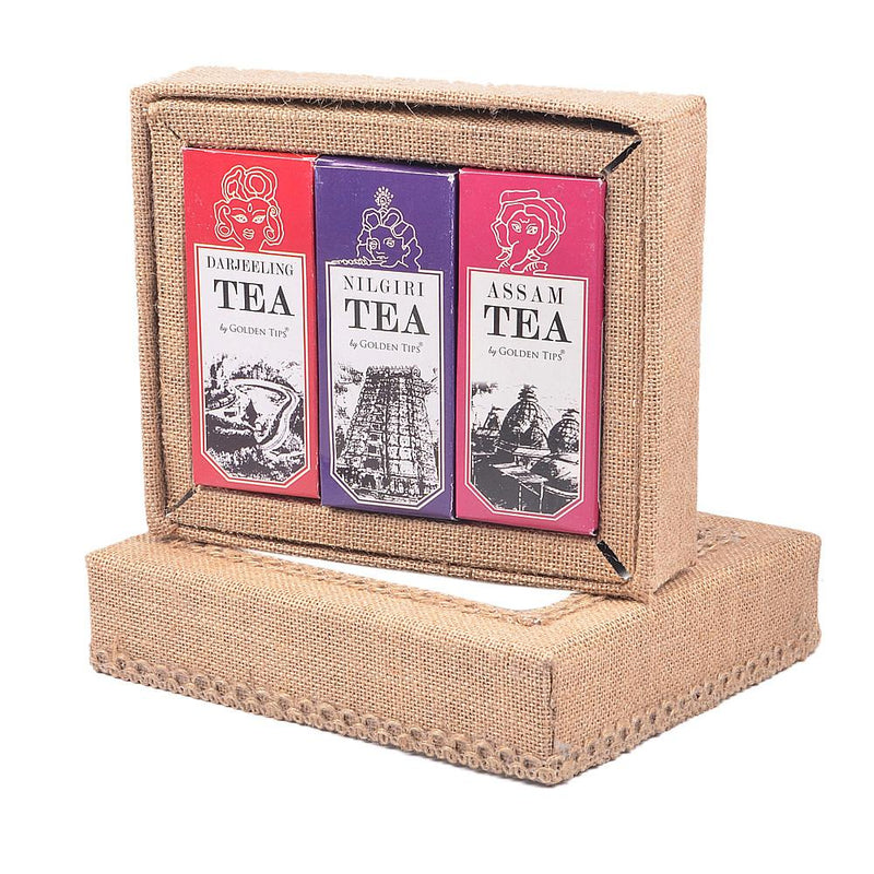 3-in-1 Delightful Teas (Darjeeling, Assam & Nilgiri) in Handcrafted Jute Box - Golden Tips