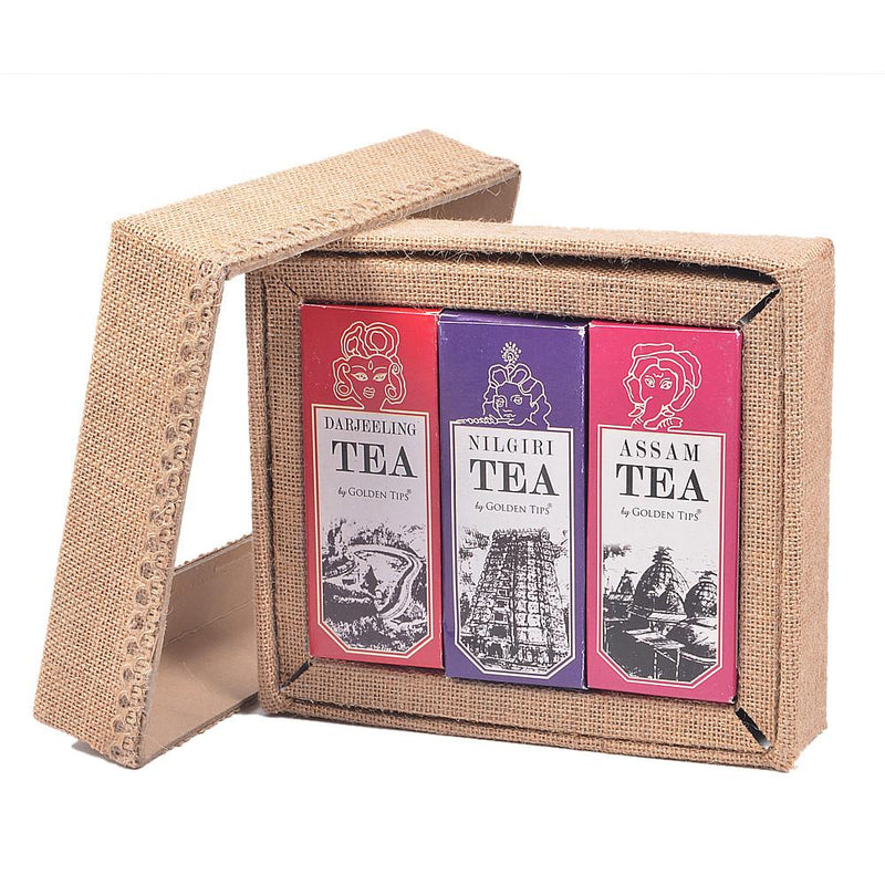 3-in-1 Delightful Teas (Darjeeling, Assam & Nilgiri) in Handcrafted Jute Box - Golden Tips