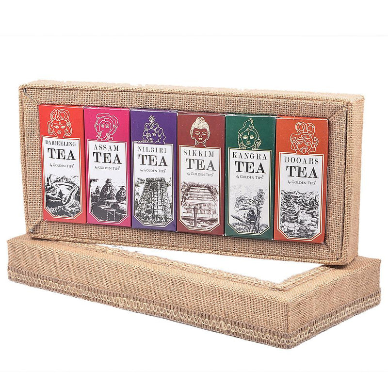 6-in-1 Delightful Teas (Darjeeling, Assam, Nilgiri, Sikkim, Kangra & Dooars) in Handcrafted Jute Box - Golden Tips