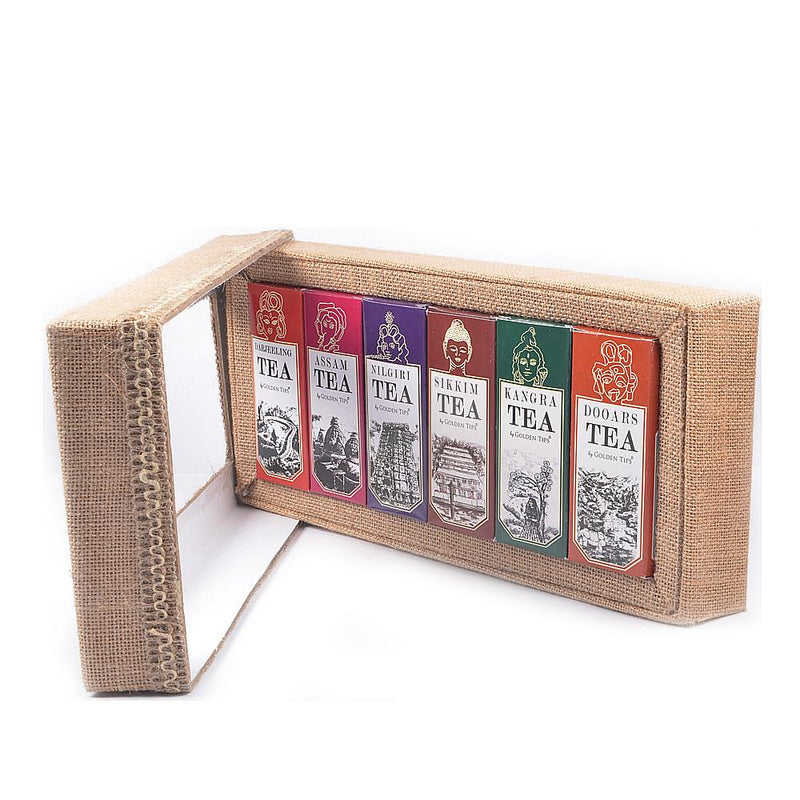 6-in-1 Delightful Teas (Darjeeling, Assam, Nilgiri, Sikkim, Kangra & Dooars) in Handcrafted Jute Box - Golden Tips