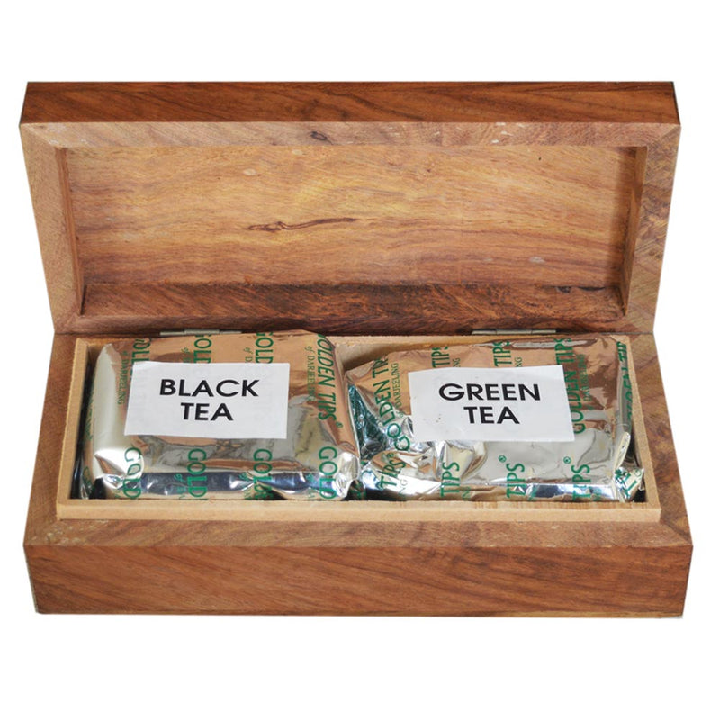 Premium Black & Green Darjeeling Teas in a Carved Wooden Box With Brass Work - Golden Tips