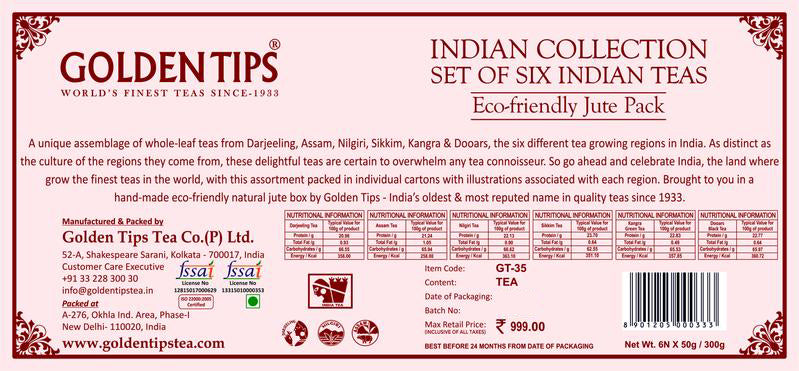 6-in-1 Delightful Teas (Darjeeling, Assam, Nilgiri, Sikkim, Kangra & Dooars) in Handcrafted Jute Box - Golden Tips