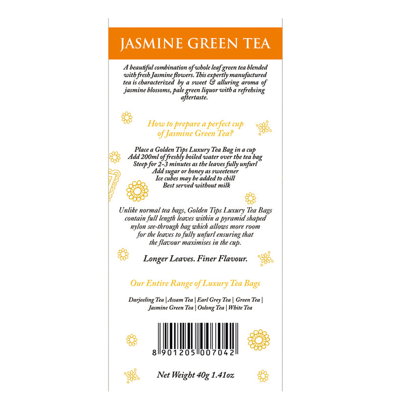 Jasmine Green Full Leaf Pyramid - Tea Bags - Golden Tips