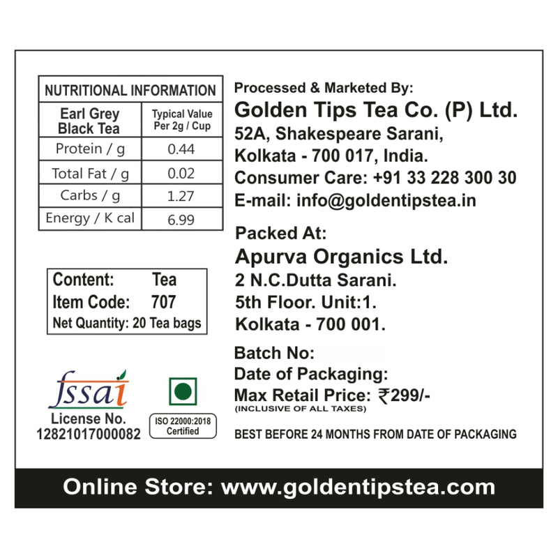 Earl Grey Full Leaf Pyramid -  Tea Bags - Golden Tips