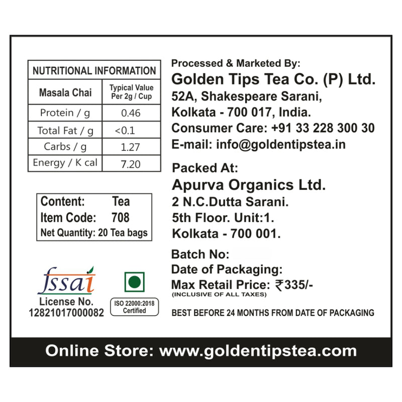 Masala Chai Full Leaf Pyramid -  Tea Bags - Golden Tips